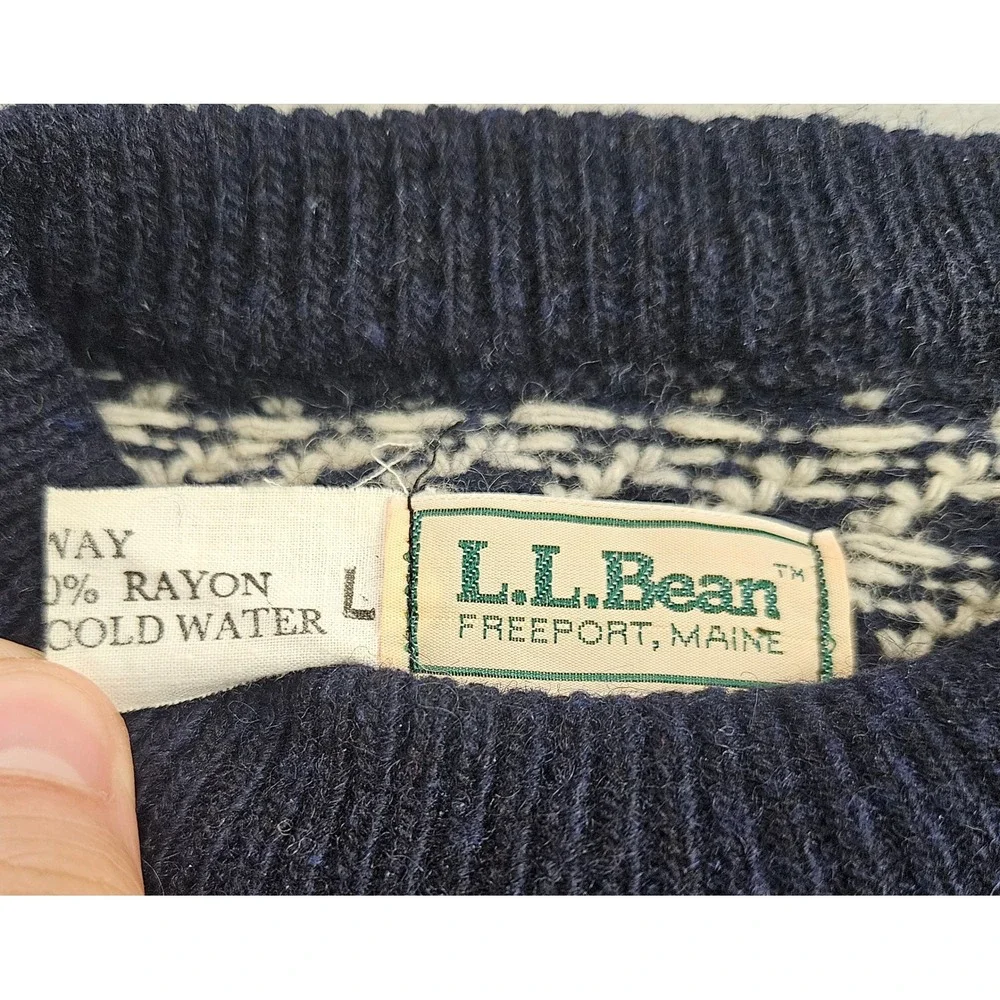 Vintage LL Bean Birdseye Sweater Navy Blue Wool Blend Norway Crewneck Med-Large - Picture 8 of 8